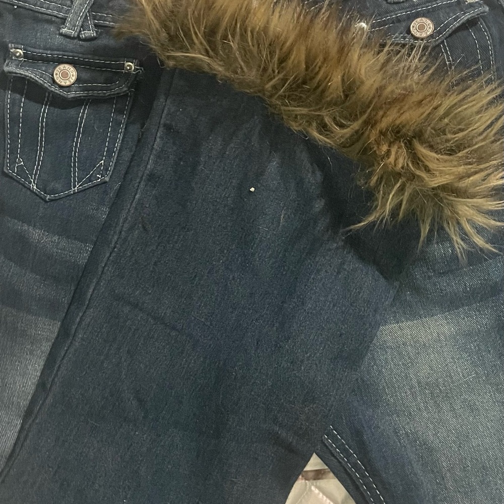 Women's Blue Jeans with Faux Fur Trim